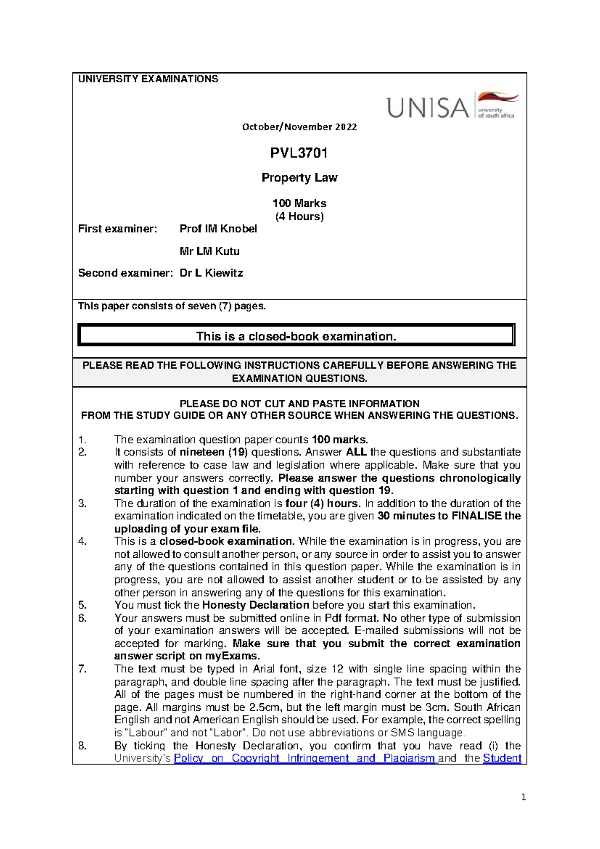 PVL3701 Property Law Final Exam Paper - October 2022 (100 Marks) - Studocu