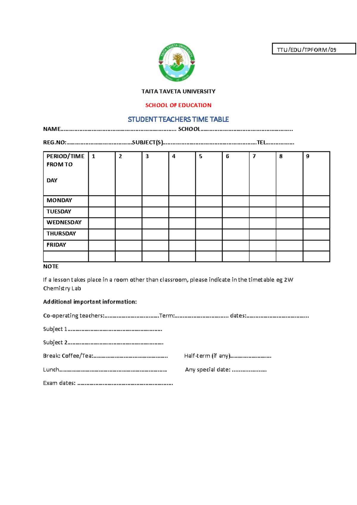 Timetable Template - TAITA TAVETA UNIVERSITY SCHOOL OF EDUCATION ...