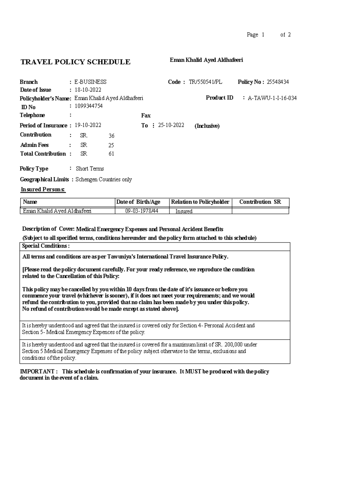 E-BUSINESS Travel Insurance Policy Schedule - TR/550541/PL - Studeersnel