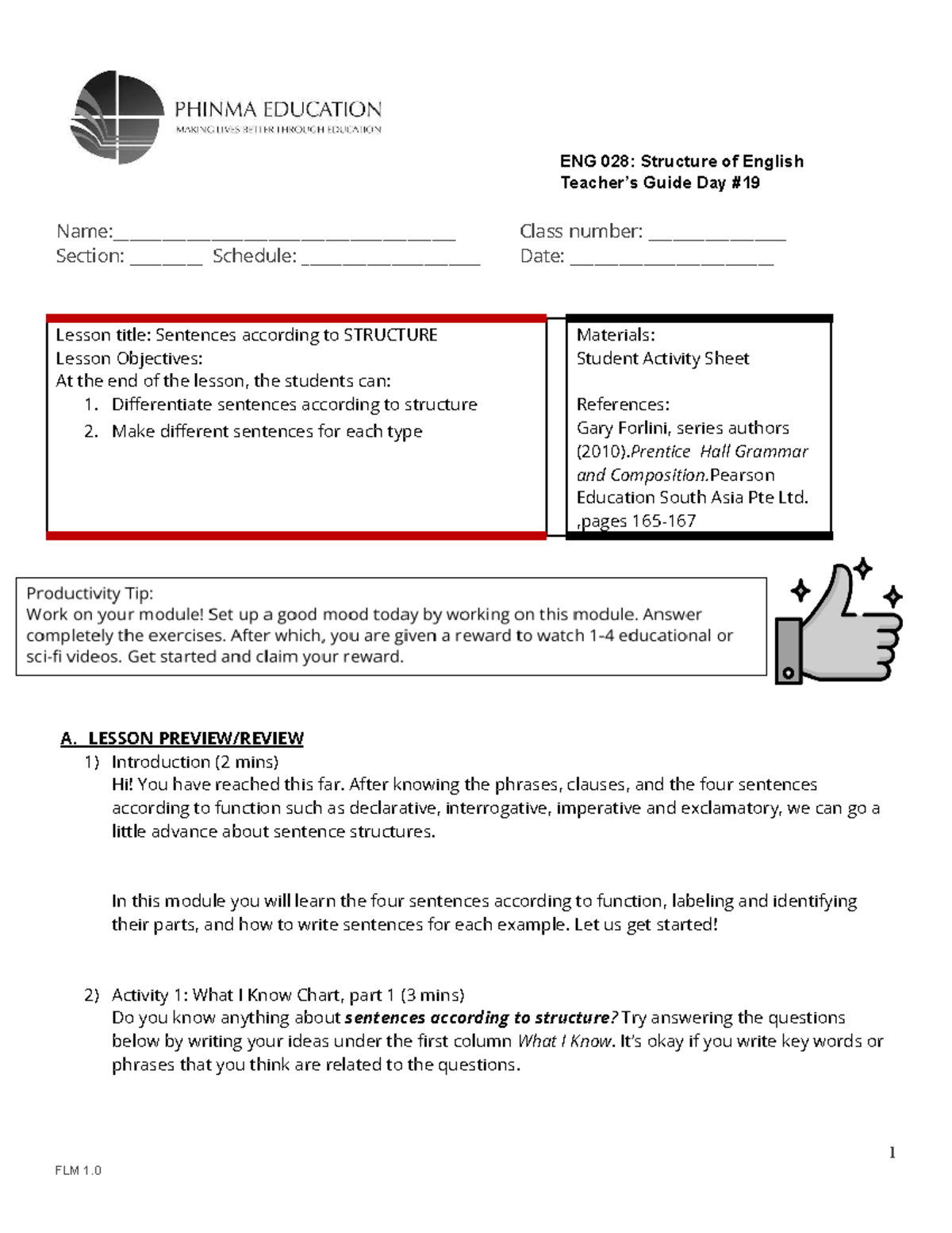 ENG028 - Teacher's Guide Day #19: Sentence Structure Activity Sheet ...