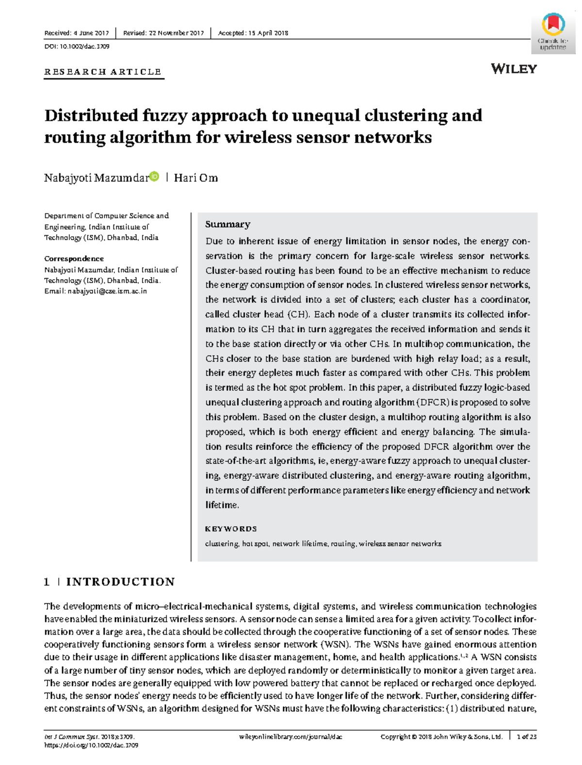 Distributed Fuzzy Clustering & Routing for WSNs (DFCR 2017) - Studocu