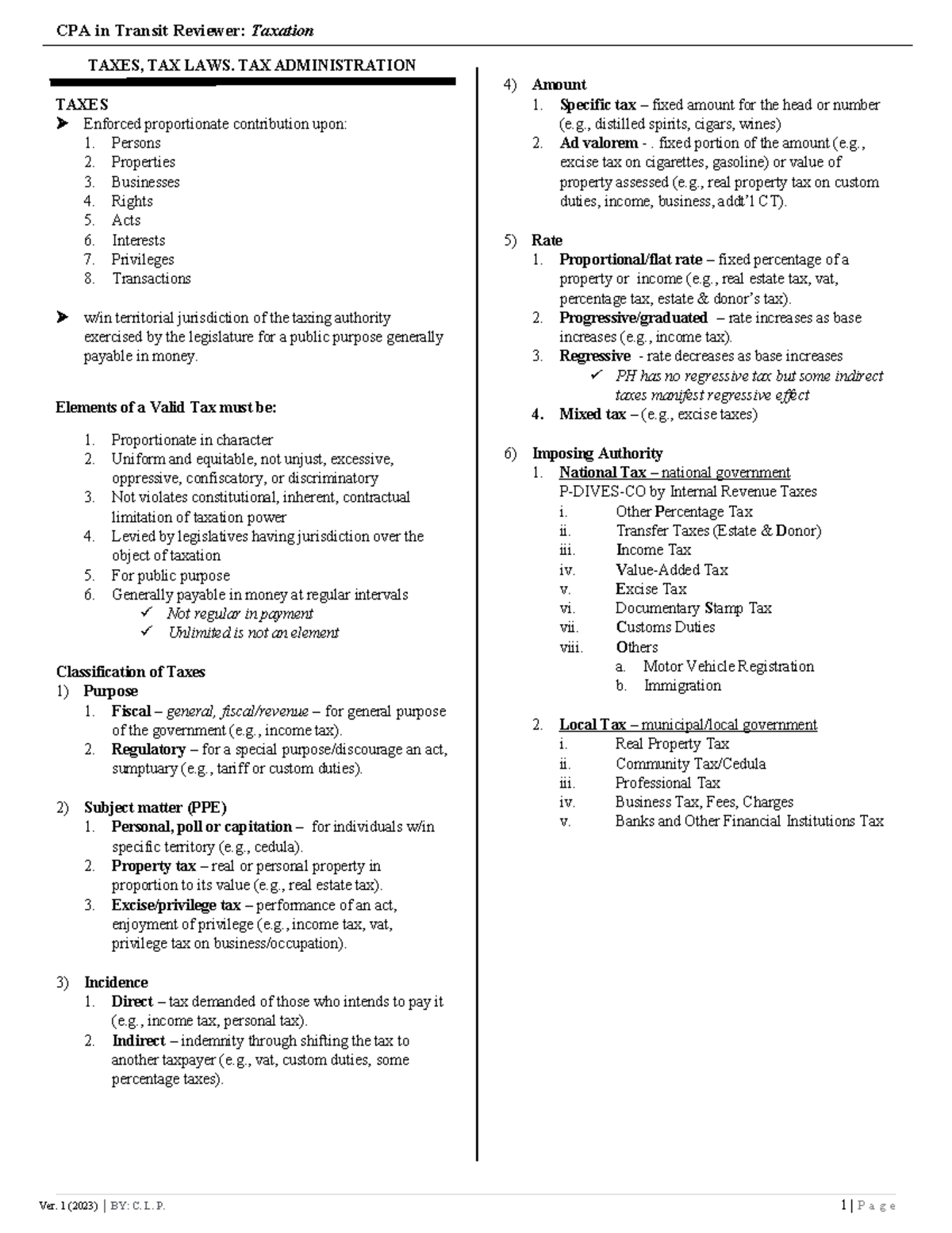 PFIN-112 Comprehensive Summary Notes on Taxes and Tax Laws - Studocu