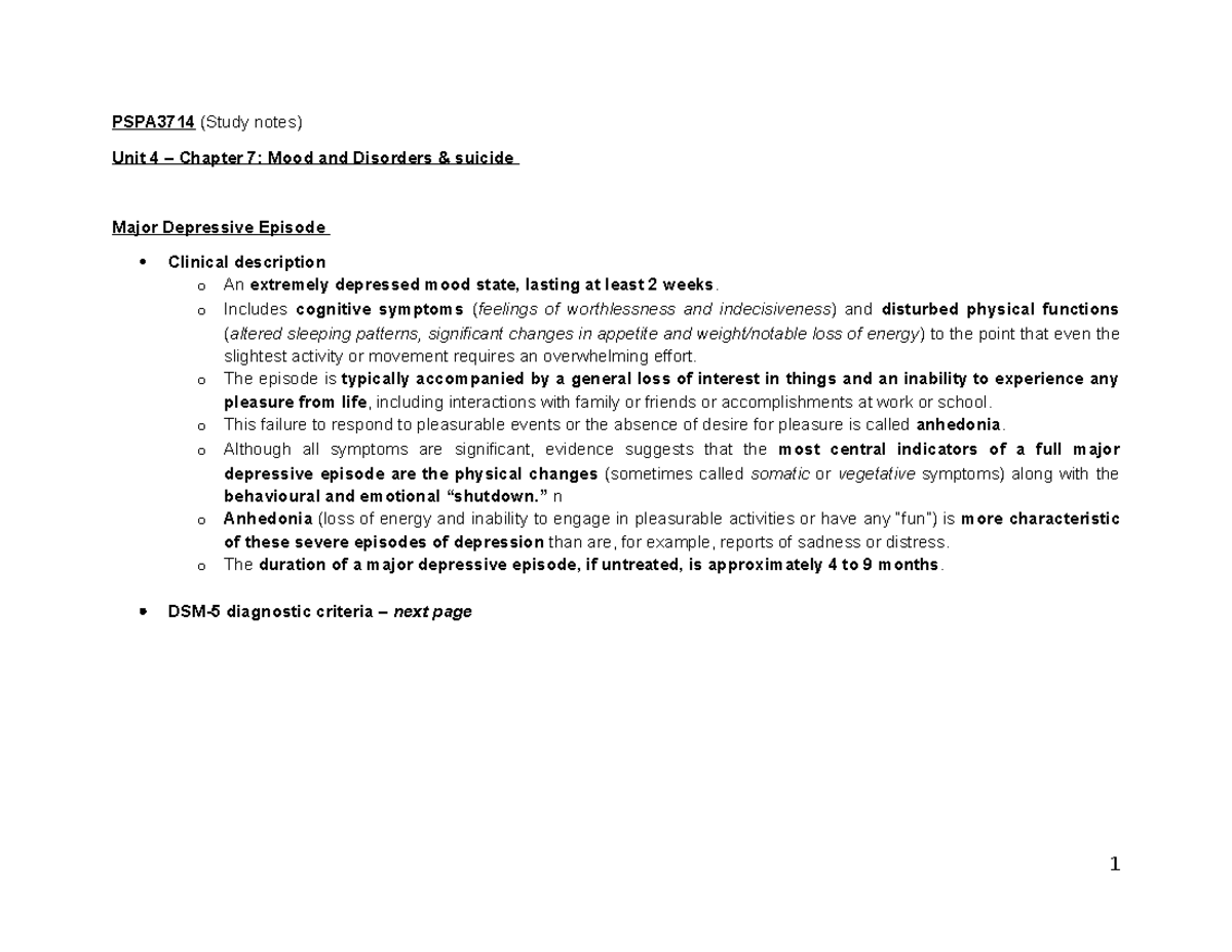 PSPA3714 Final Exam Study Notes: Unit 4 - Chapter 7 on Mood Disorders ...