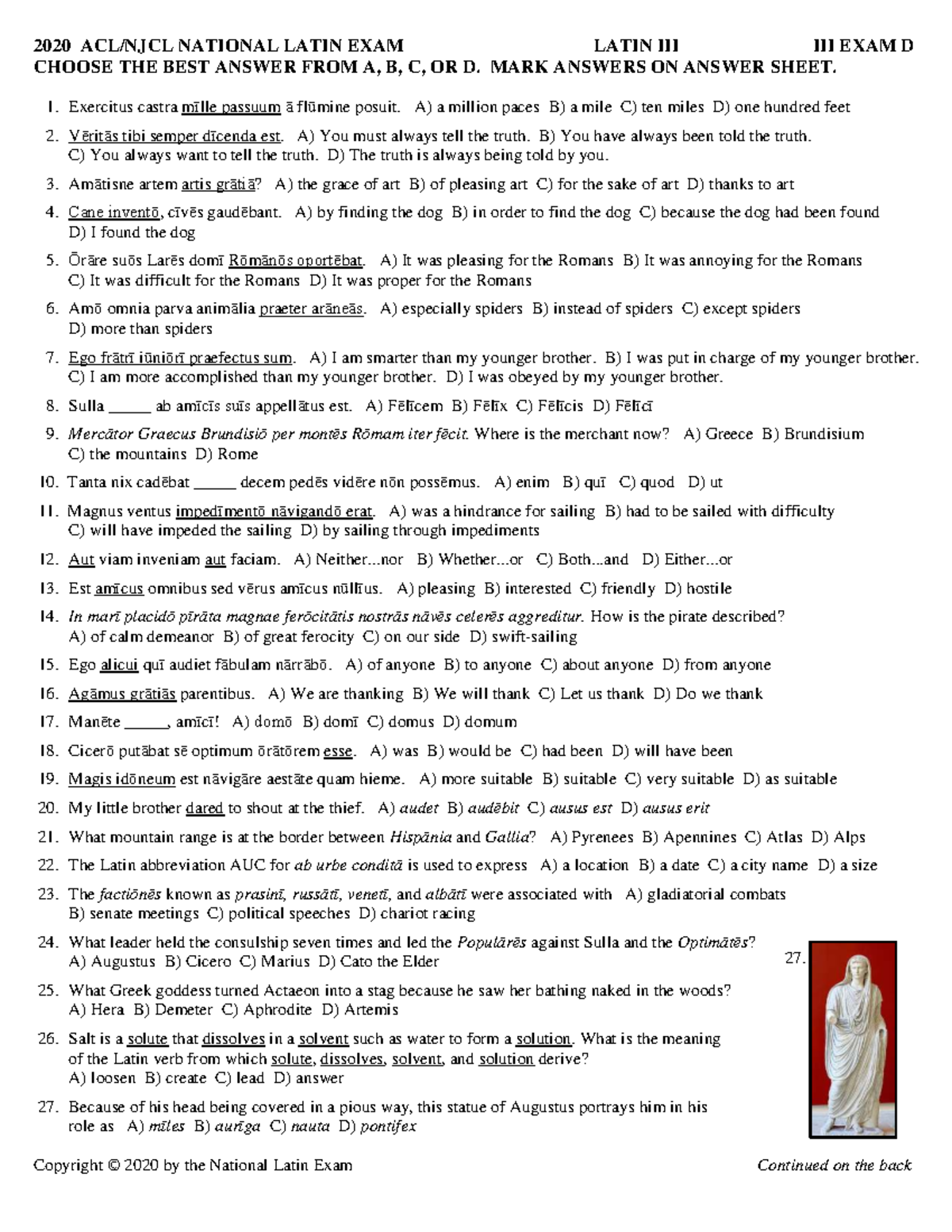 2020 Latin III Exam 1 - National Latin Exam Practice - Studocu