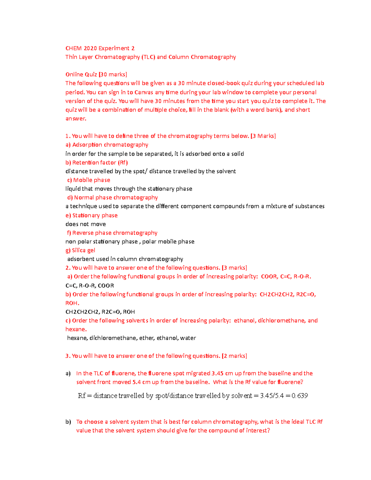 LAB 2-Quiz answers - CHEM 2020 Experiment 2 Thin Layer Chromatography ...