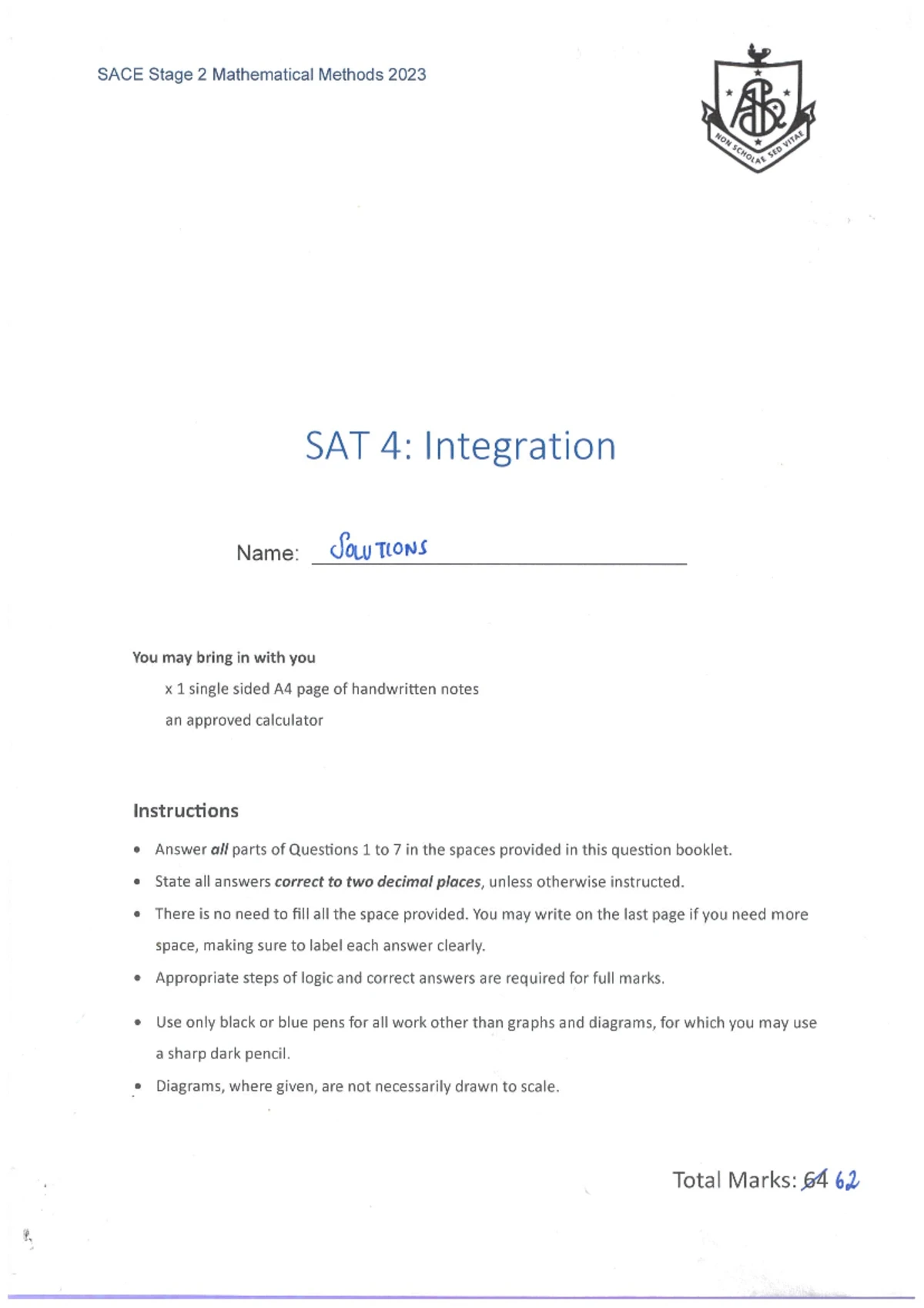 SACE Stage 2 Mathematical Methods 2024 SAT 4: Integration Solutions ...