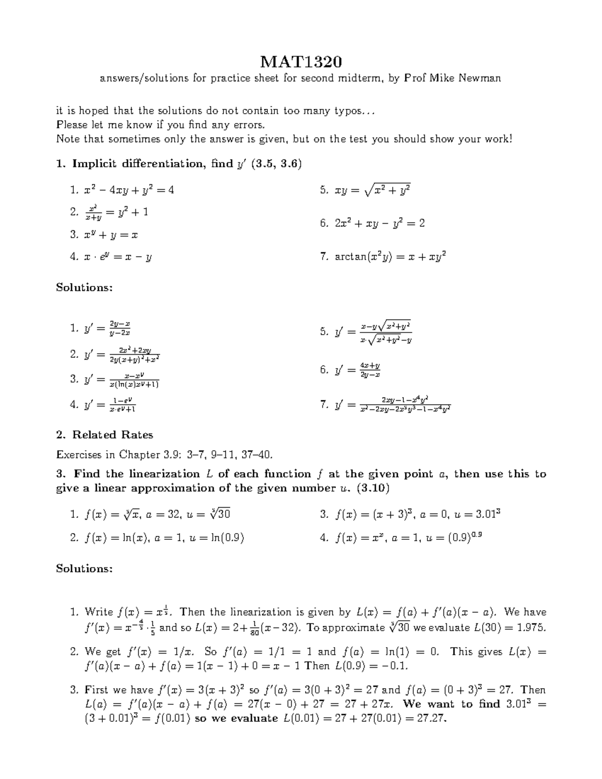 MAT1320 Midterm 2 Practice Solutions - Prof. Mike Newman - Studocu