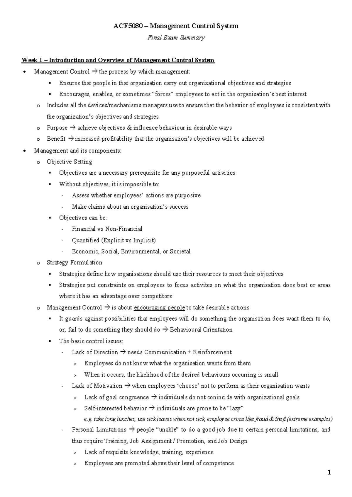 ACF5080 Management Control System Final Exam Summary Analysis - Studocu