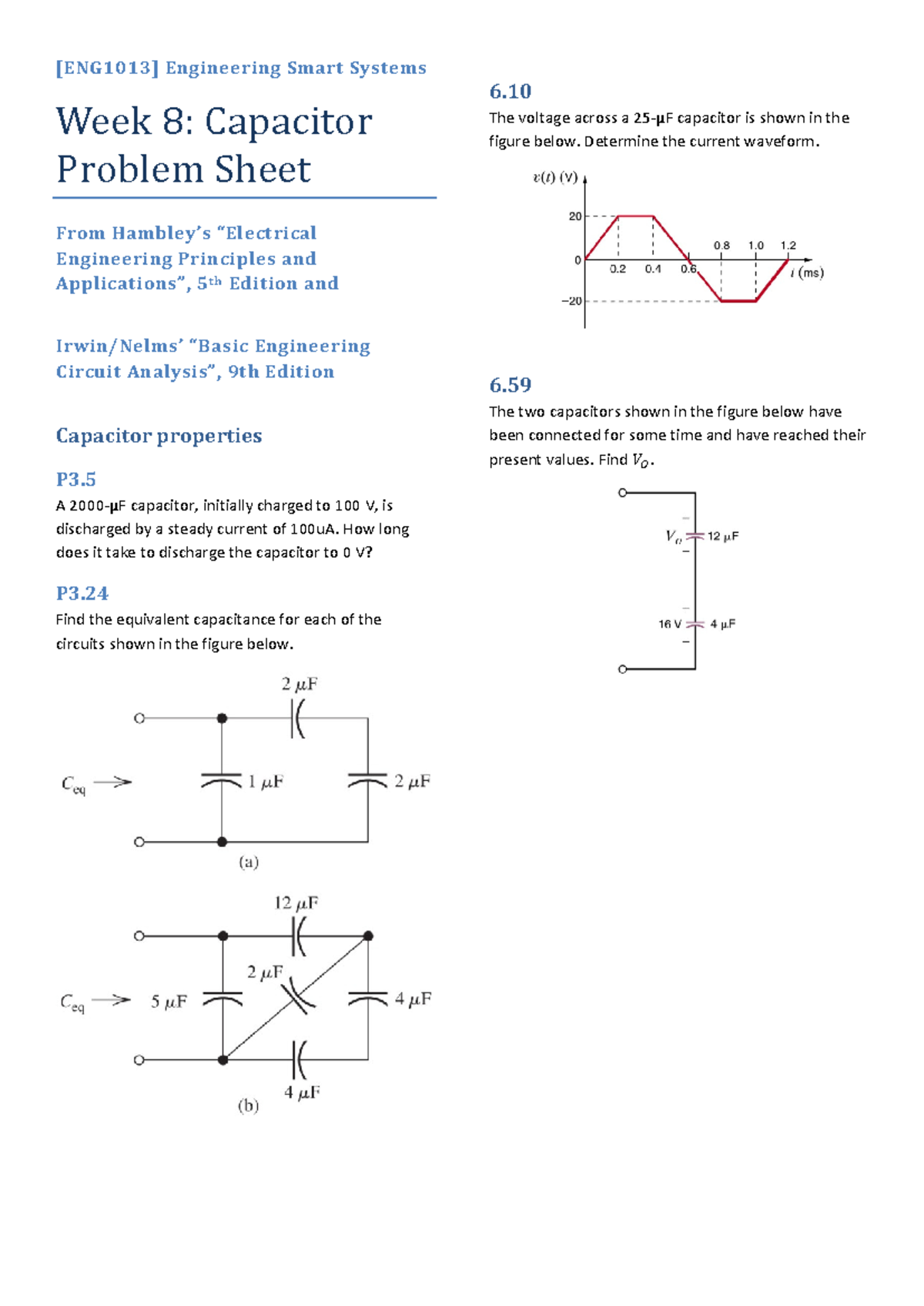 ENG1013 Week 8: Capacitor Current & Discharge Problems - Studocu