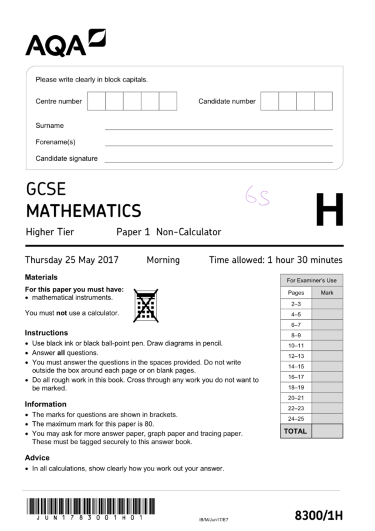 AQA GCSE Maths Higher Paper 1 June 2017 - AQA Please write clearly in ...