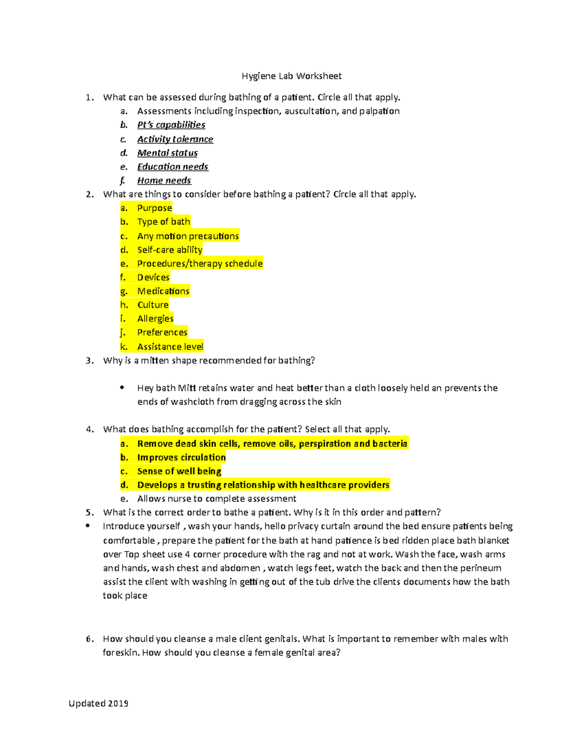 NUR 155 Final Exam Hygiene Lab Worksheet Review and Key Concepts - Studocu