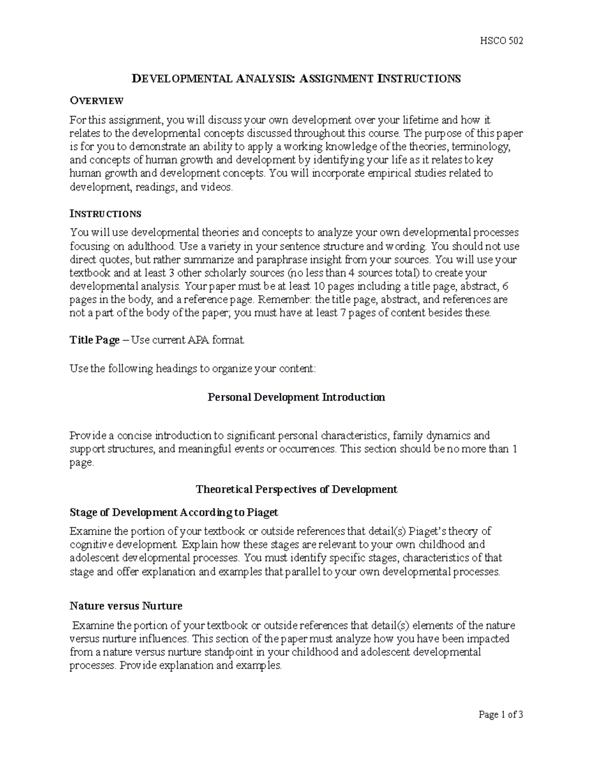 Developmental Analysis of Personal Growth in HSCO 502 Assignment - Studocu