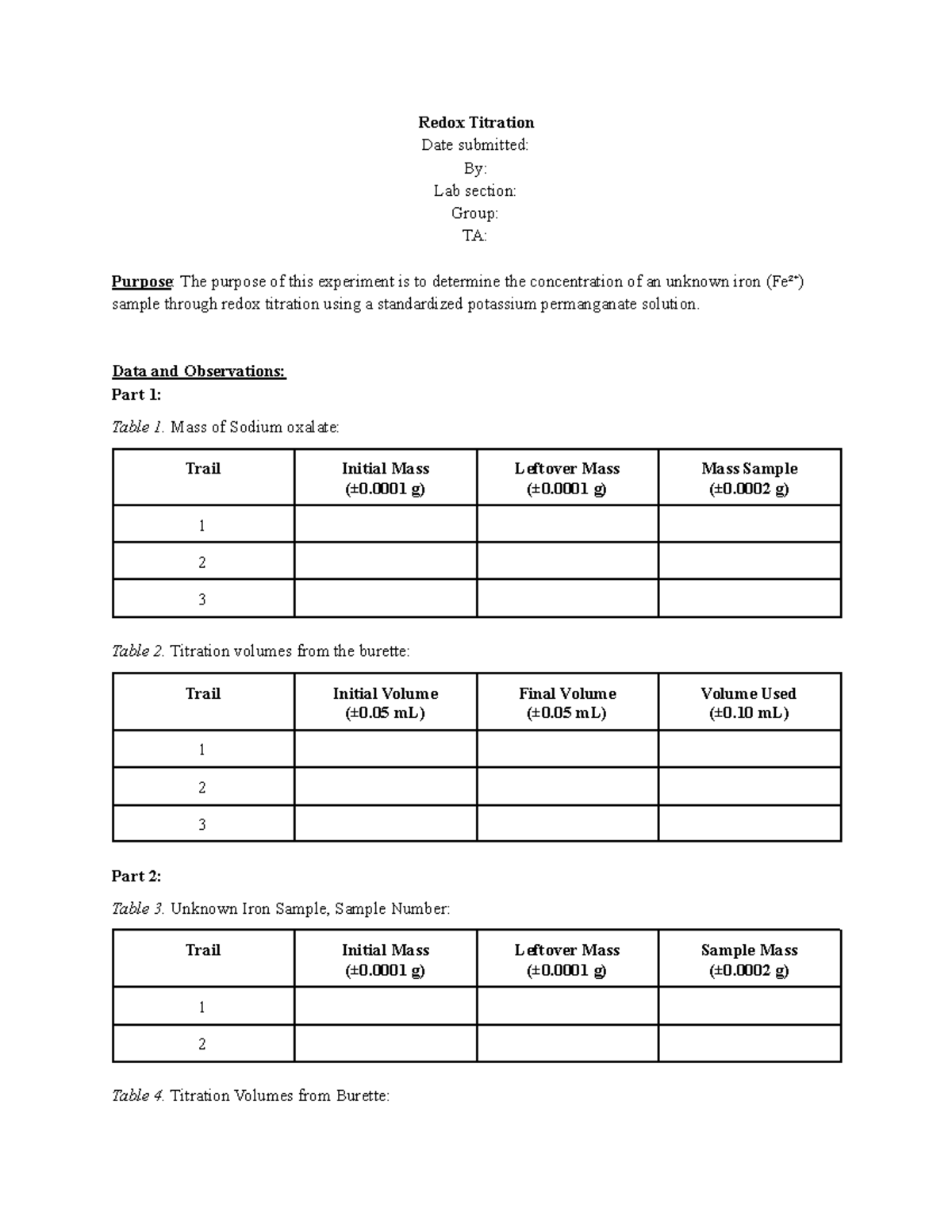 RT Typed pre-Lab - Redox Titration Date submitted: By: Lab section ...
