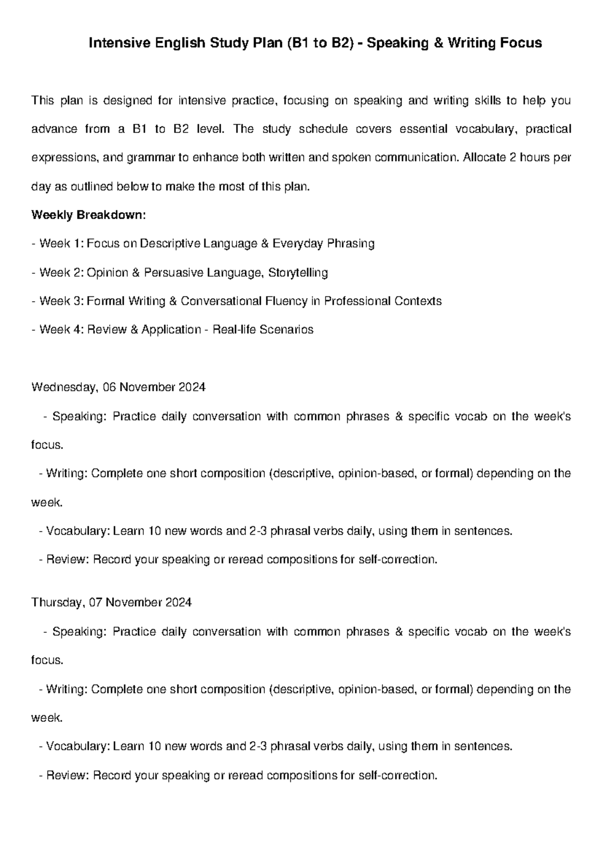 Intensive English Study Plan (B1 to B2) - Speaking & Writing Focus ...
