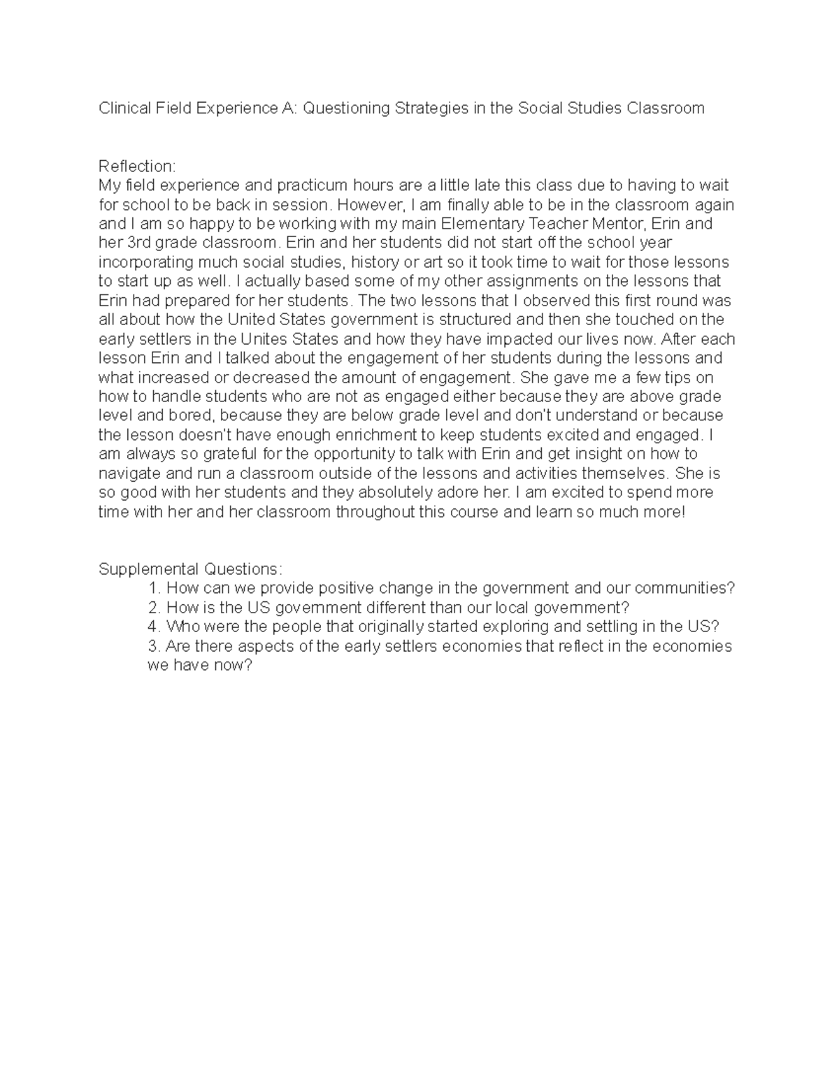 Clinical Field Experience A: Enhancing Questioning in Social Studies ...
