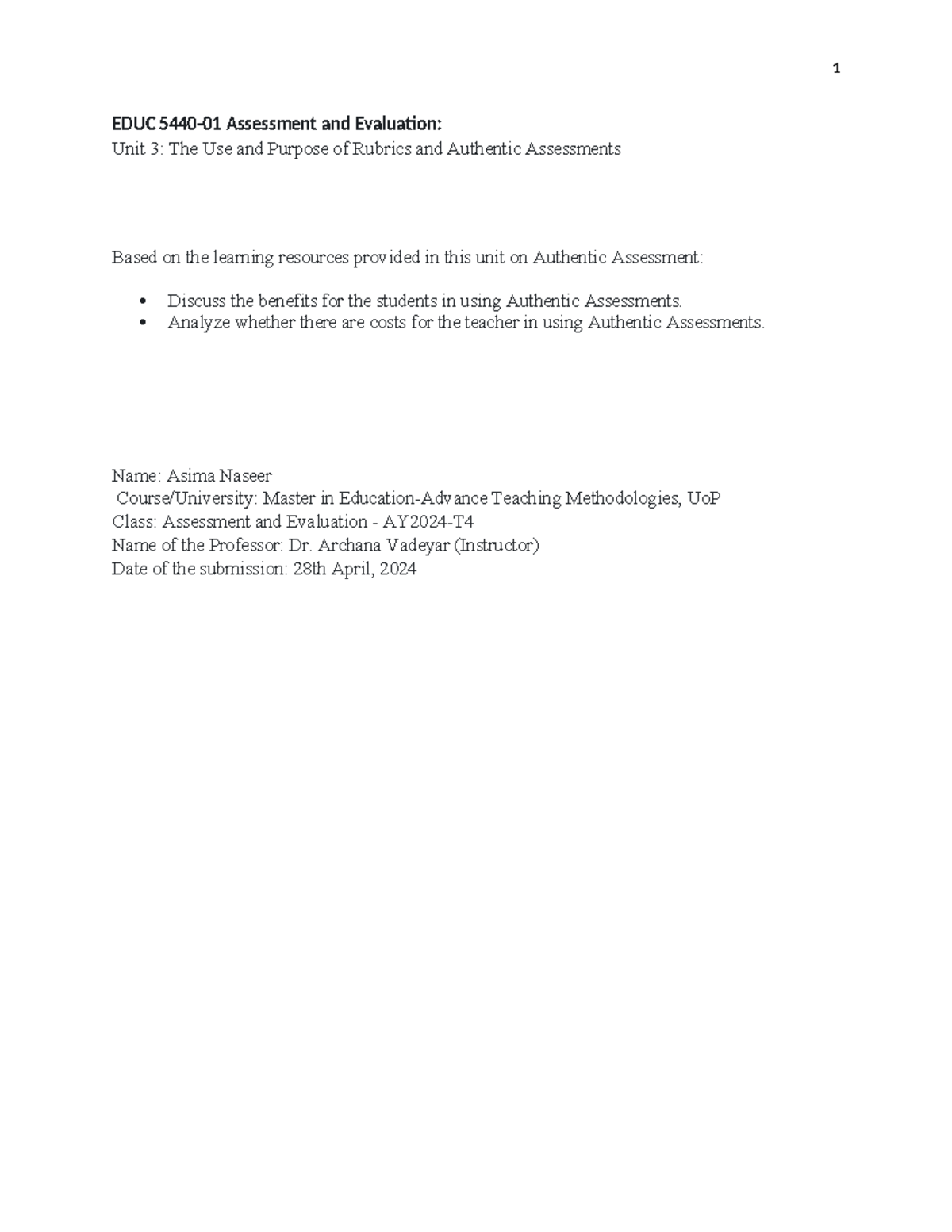 EDUC 5440 Unit 3 Discussion: Authentic Assessments & Rubrics - Studocu