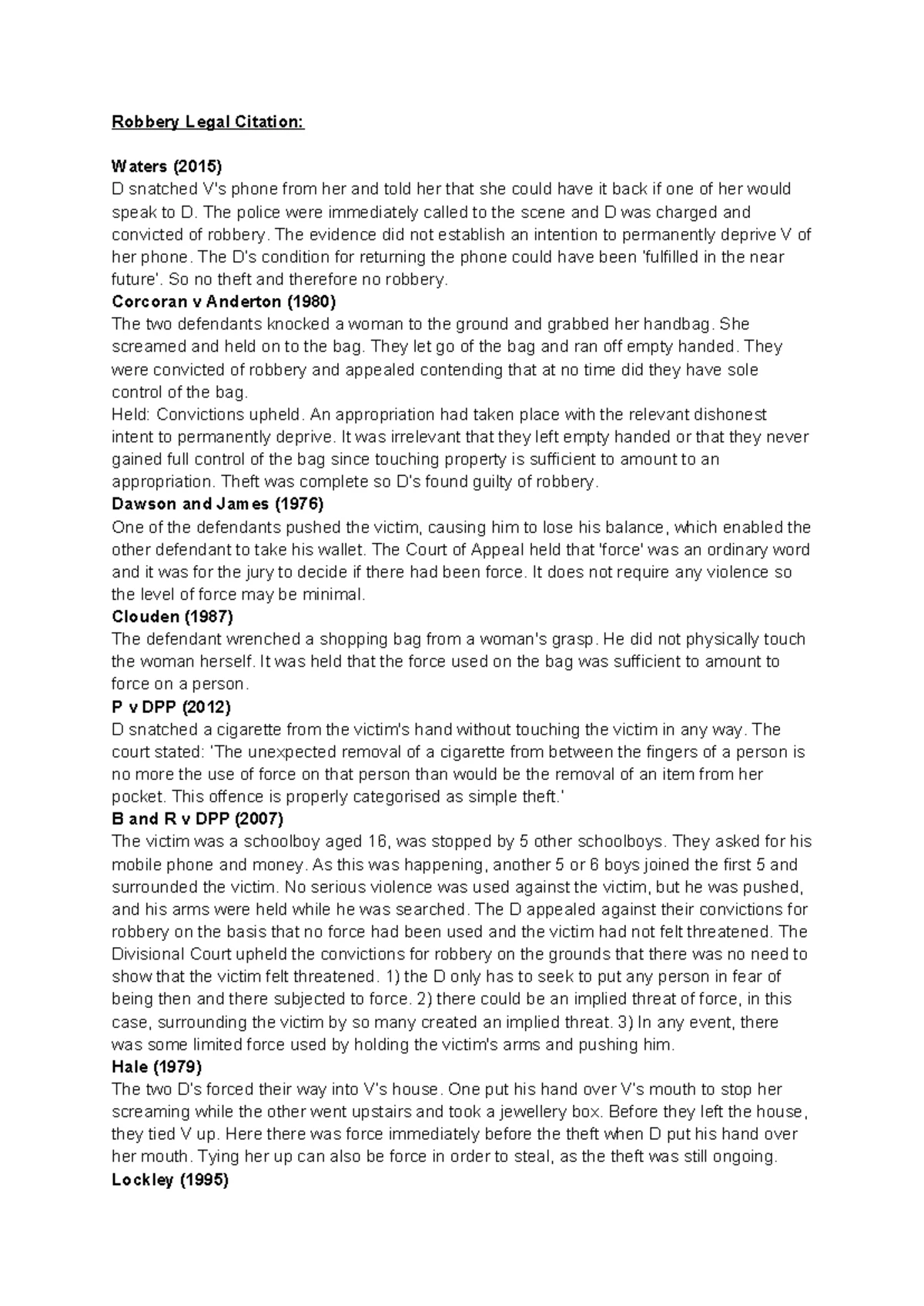 Theft Case Summaries - Legal Citations and Key Holdings - Studocu