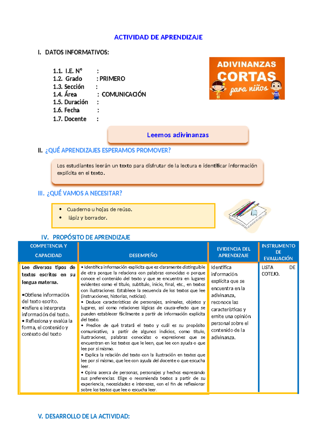 E1 A1 Sesión COM: Actividad de Lectura de Adivinanzas para Primer Grado ...
