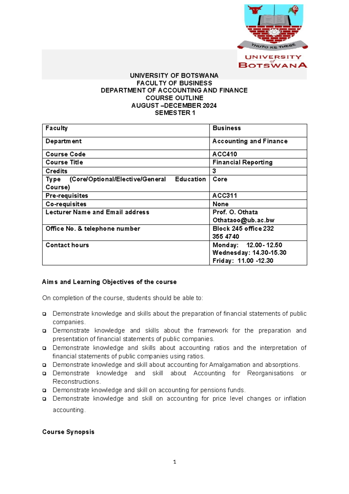 2024 ACC410 Financial Reporting Course Outline and Objectives - Studocu