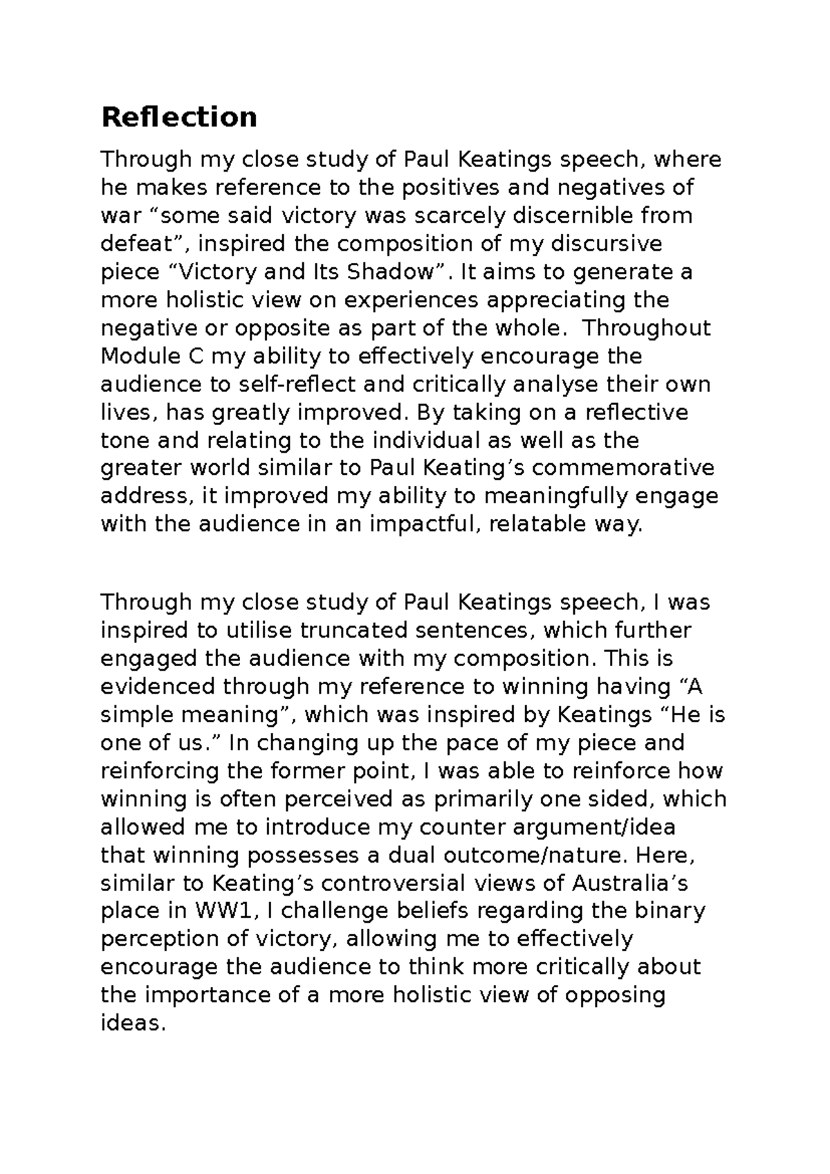 Discursive Reflection on Paul Keating's Speech: A Holistic View - Studocu