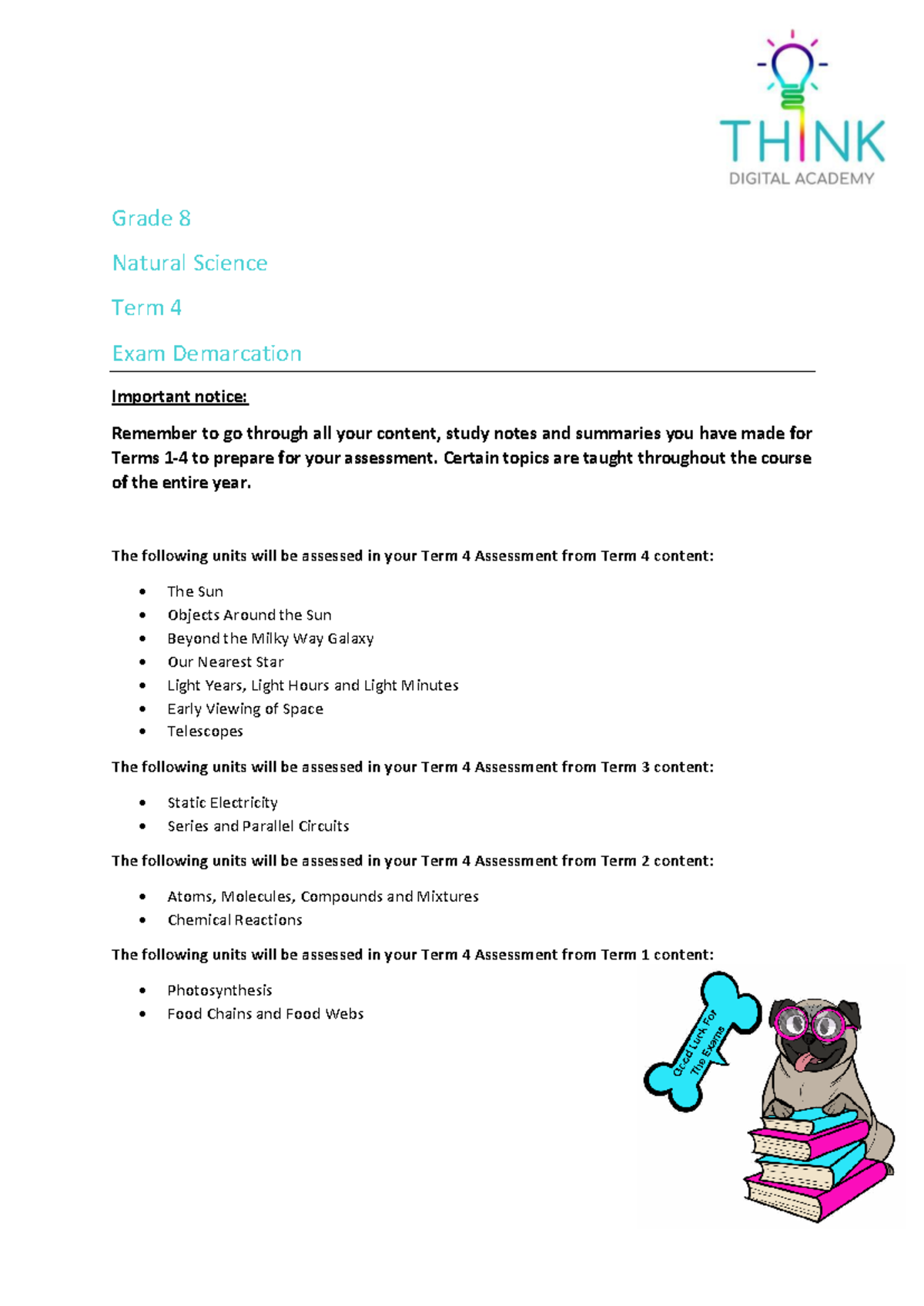Grade 8 Natural Science Term 4 Exam Demarcation Guide - Studocu