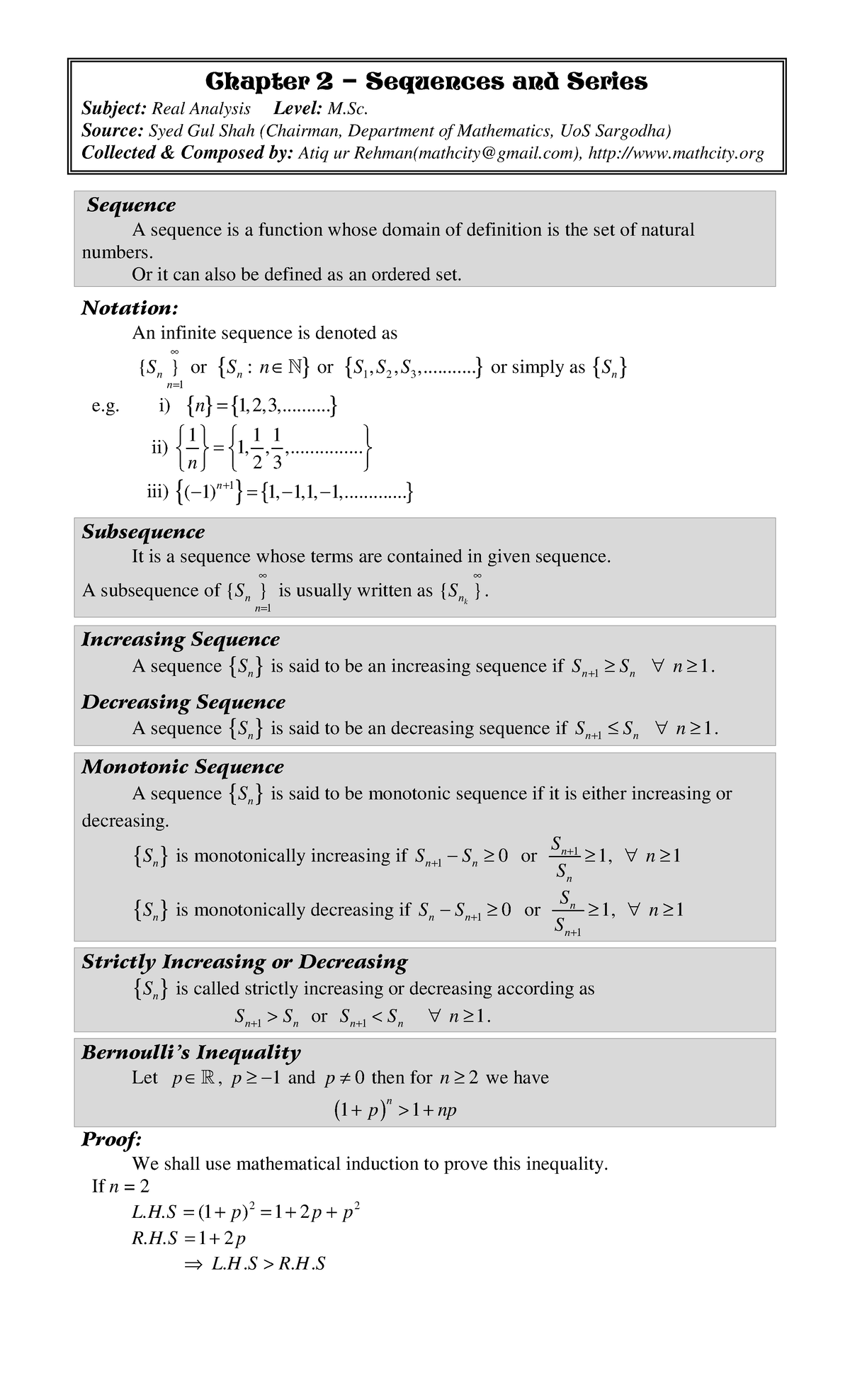 Real Analysis (M.Sc.) - Chapter 2 Homework on Sequences and Series ...