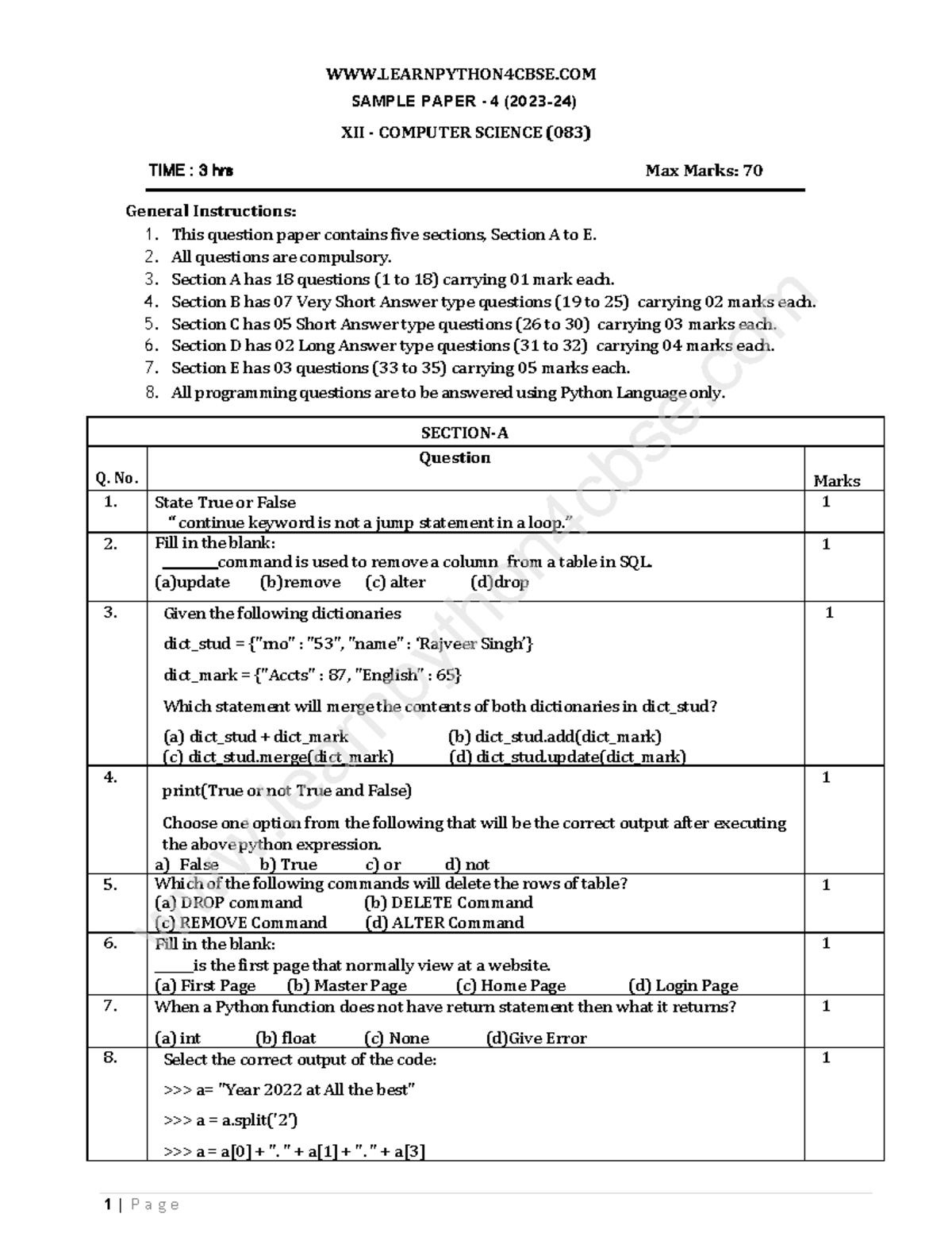 Sample Paper 4 - XII Computer Science (083) - 2023-24 - Studocu
