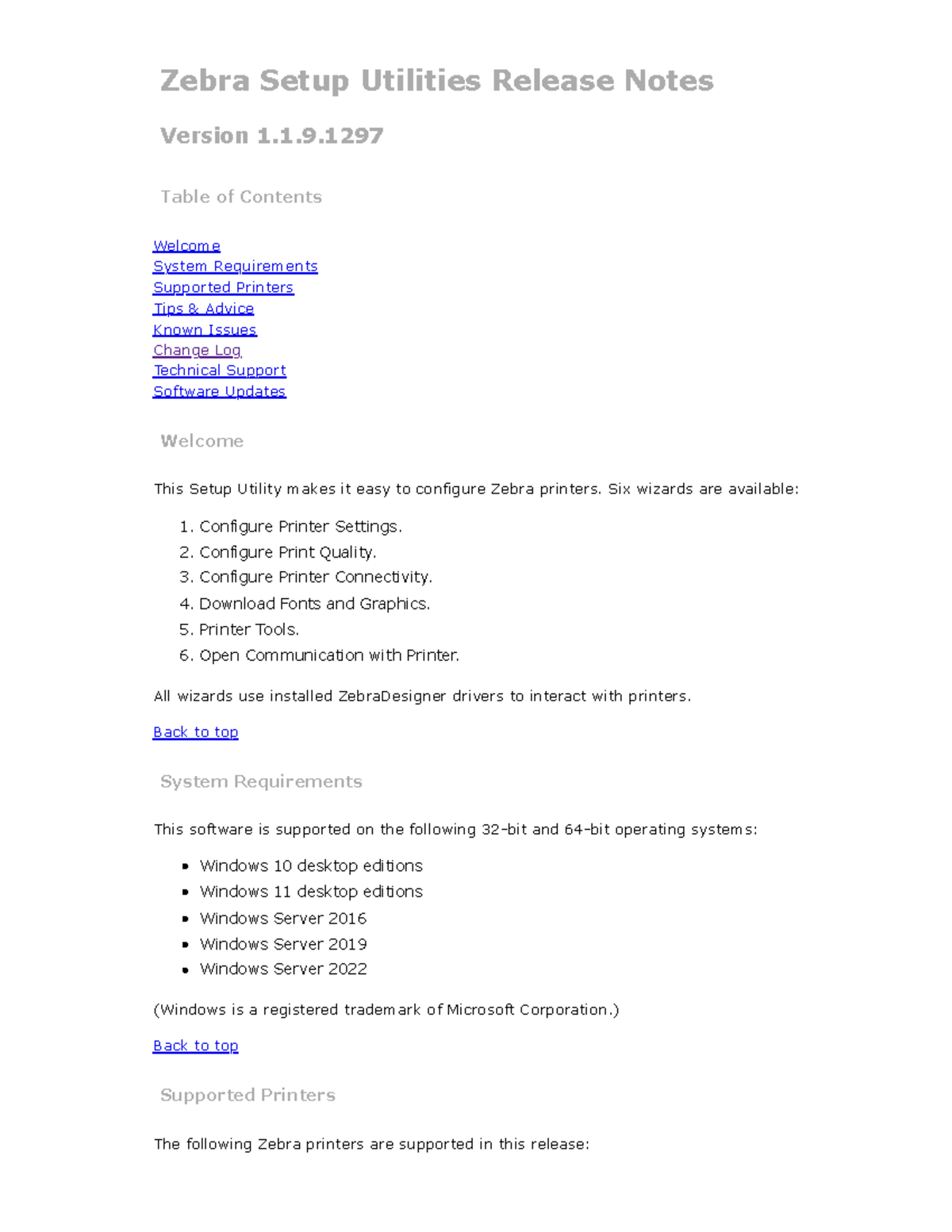 Zebra Setup Utilities Release Notes v1.1.9 - Key Updates and Support ...