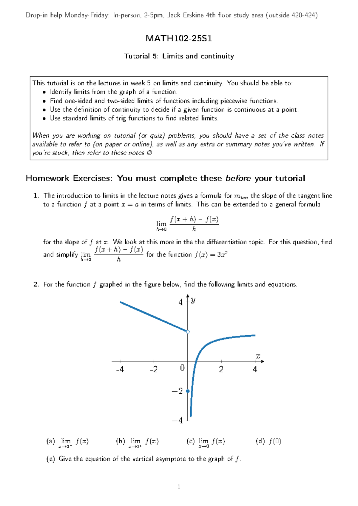 MATH102 S1 Tutorial 5: Limits and Continuity Study Guide - Studocu