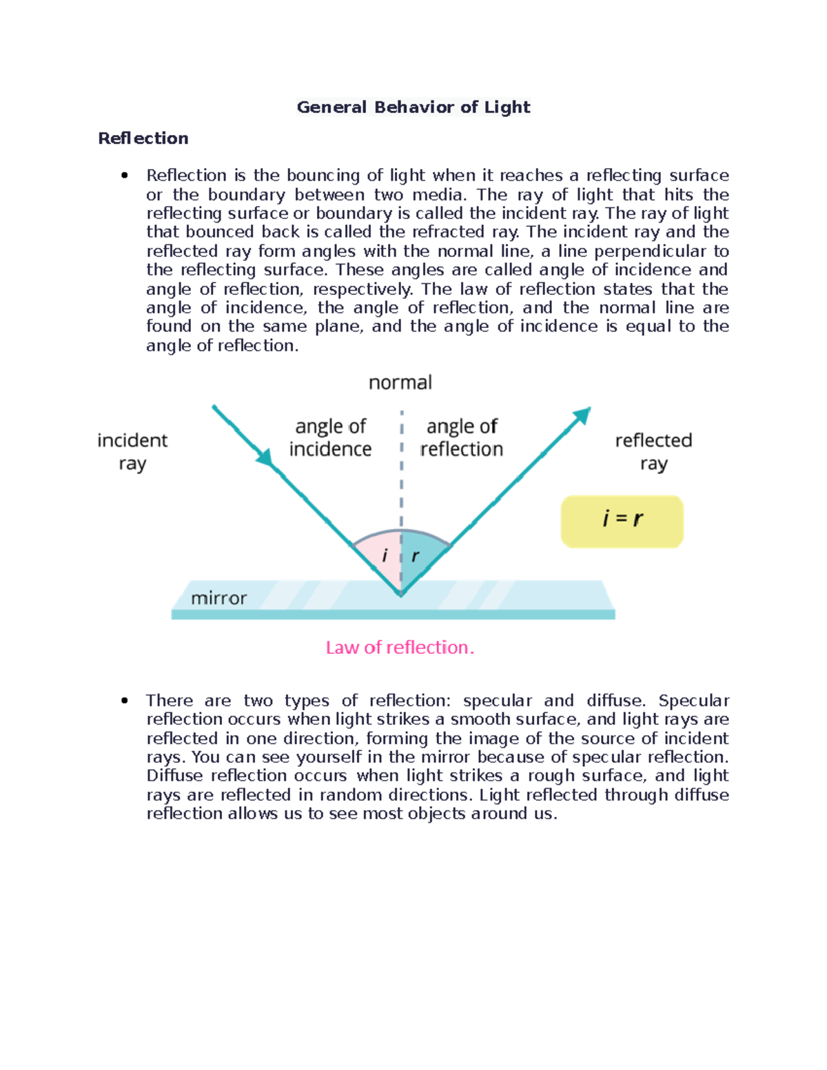 PHYS 101: General Behavior of Light - Reflection, Refraction, and ...