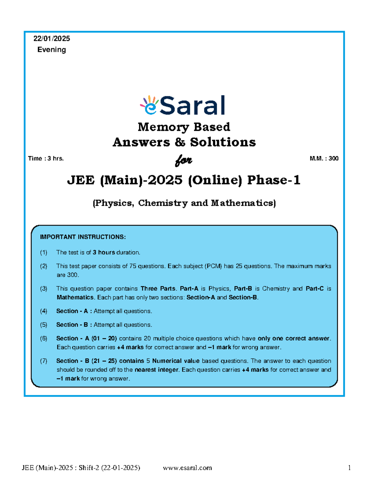122614 JEE Main 2025 Question Papers With Solutions 22 01 2025 Shift 2 ...