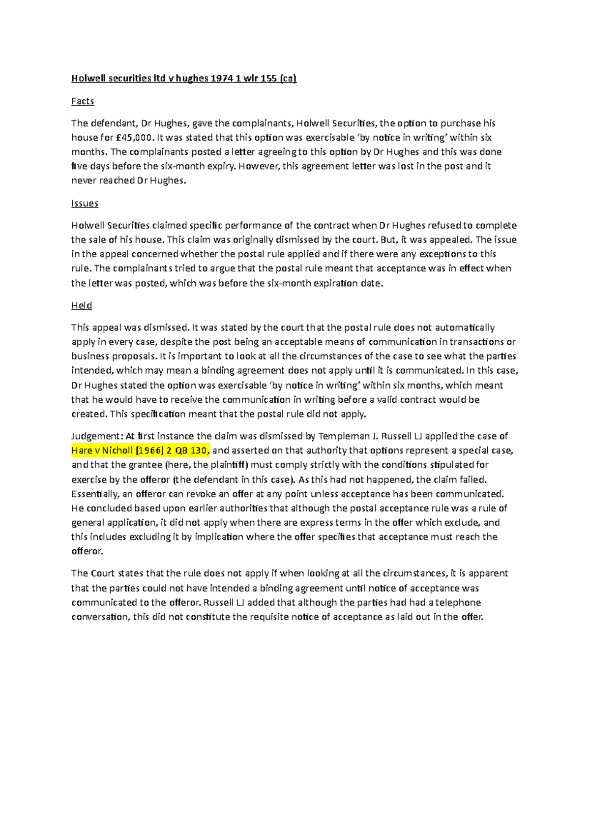 Holwell Securities Ltd v Hughes (1974) Key Case Summary &