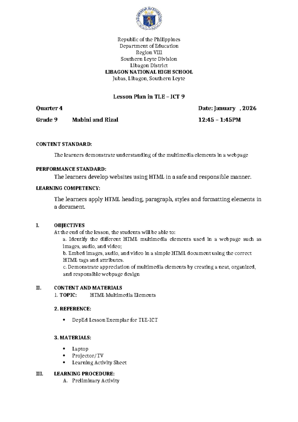 Lesson Plan in TLE ICT 9: HTML Multimedia Elements (Q4) - Studocu