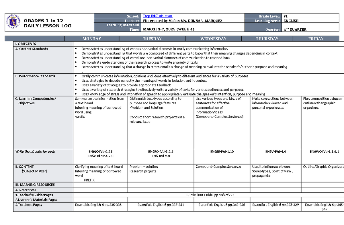 DLL English 6 Q4 W4: Daily Lesson Log for Teaching English Skills - Studocu