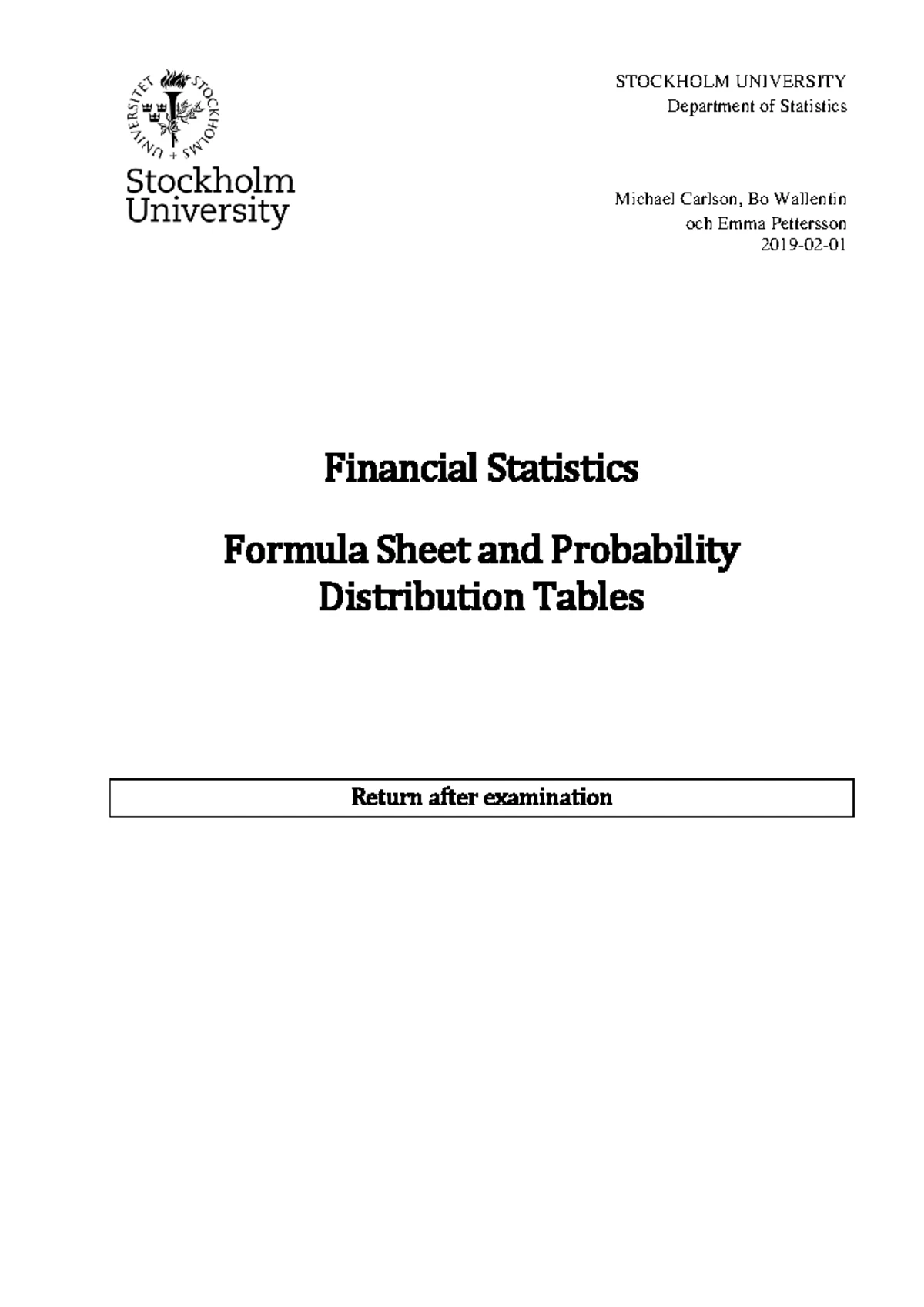 Financial Statistics Formula Sheet - MATH 101 Final Exam - Studocu