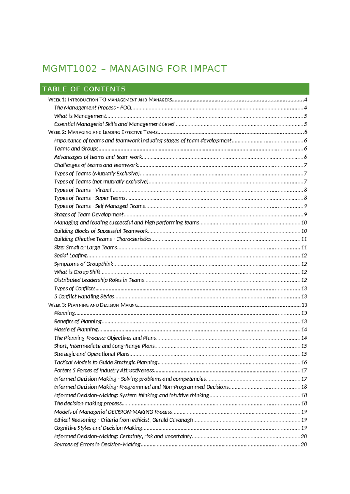 MGMT1002 - Study Notes - MGMT1002 – MANAGING FOR IMPACT WEEK 1 ...