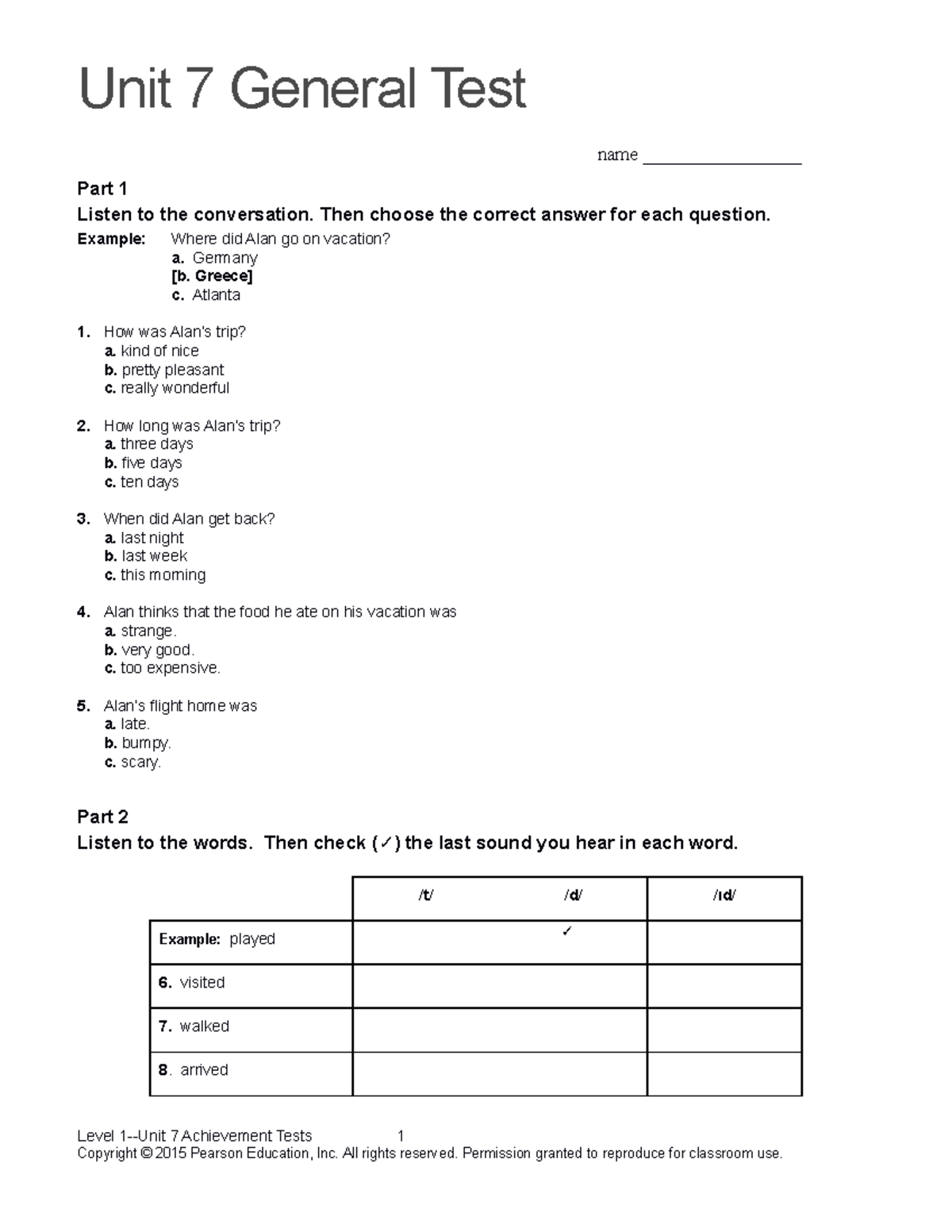 Top Notch 1 Unit 7 Assessment and Achievement Tests - Studocu
