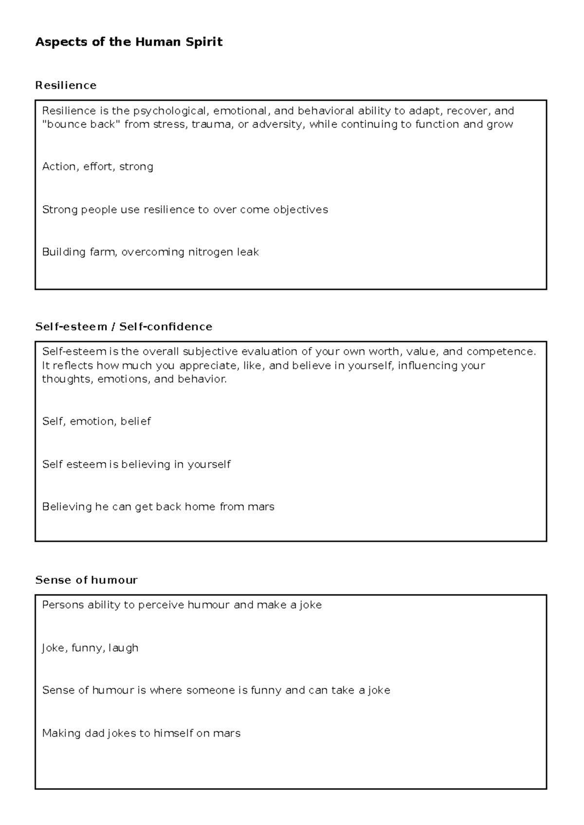 Aspects of the Human Spirit: Resilience & Self-Esteem Worksheet - Studocu