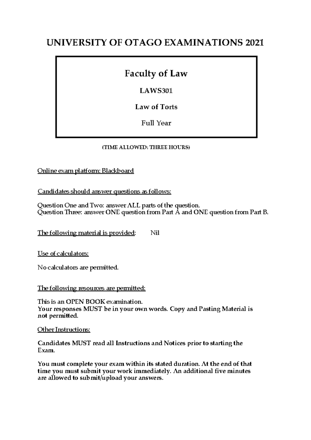 301 - LAWS Final Exam Past Paper: Law of Torts 2021 - Studocu