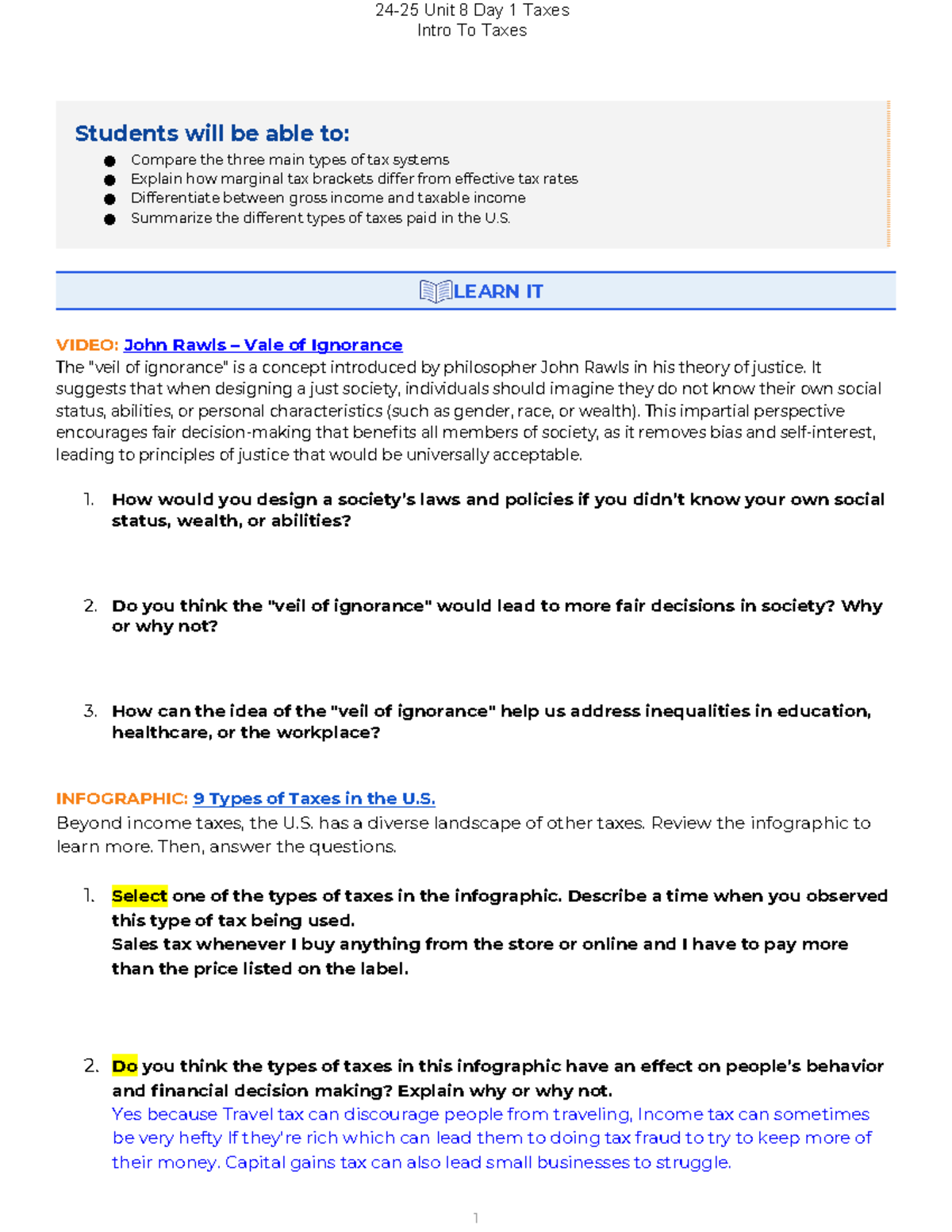 24-25+Unit+8+Day+1+Notes+-+Intro+to+Taxes copy copy - Intro To Taxes ...