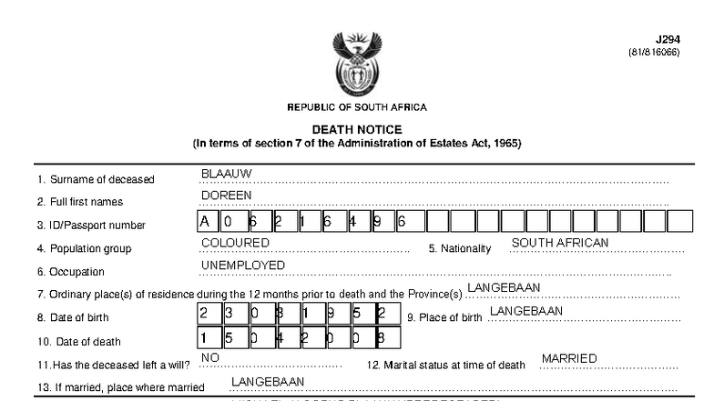 J294 Death Notice for Doreen Blaauw - South Africa - Studocu