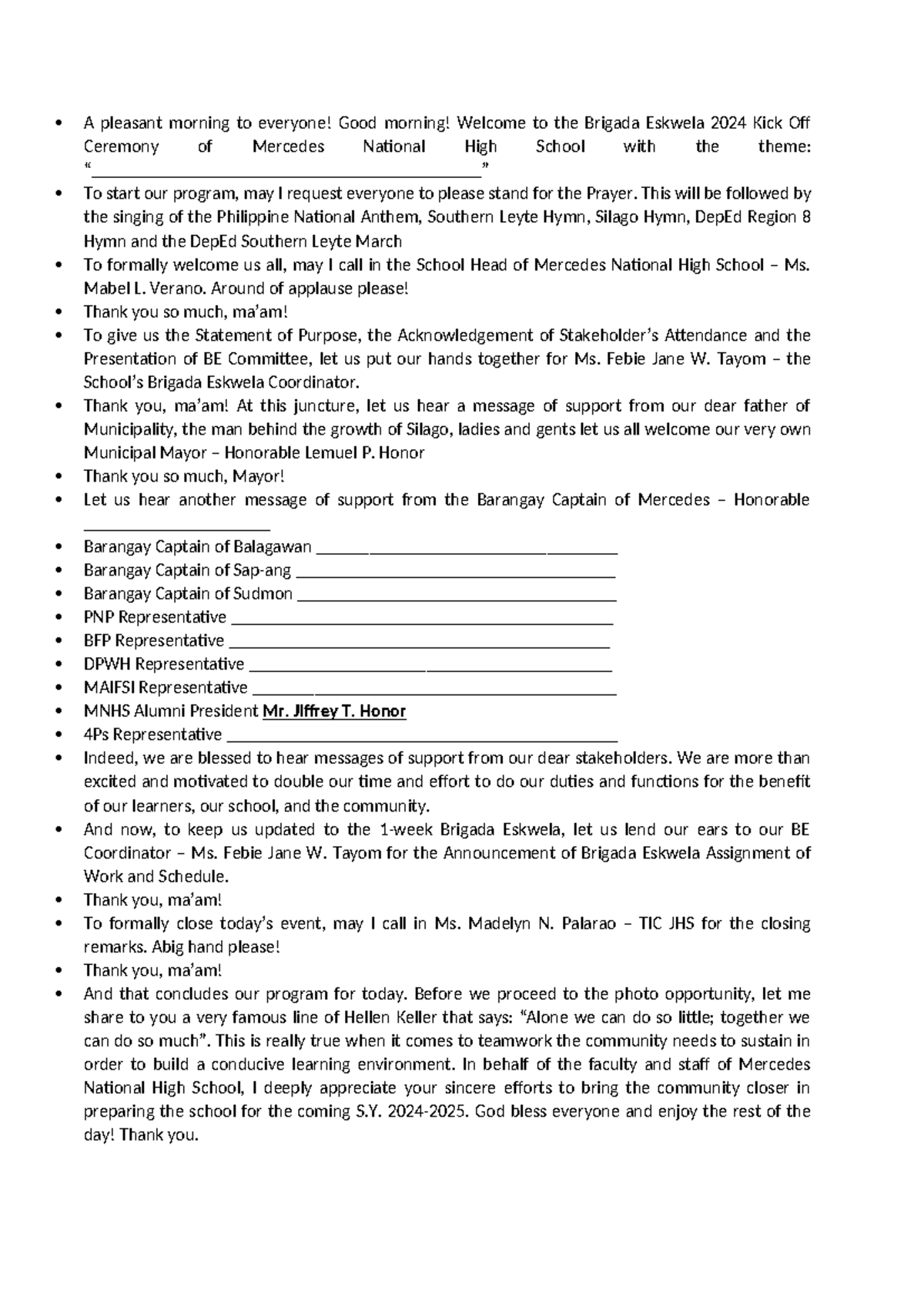 BE 2024 Kick Off Ceremony - Emcee Script for MNHS - Studocu