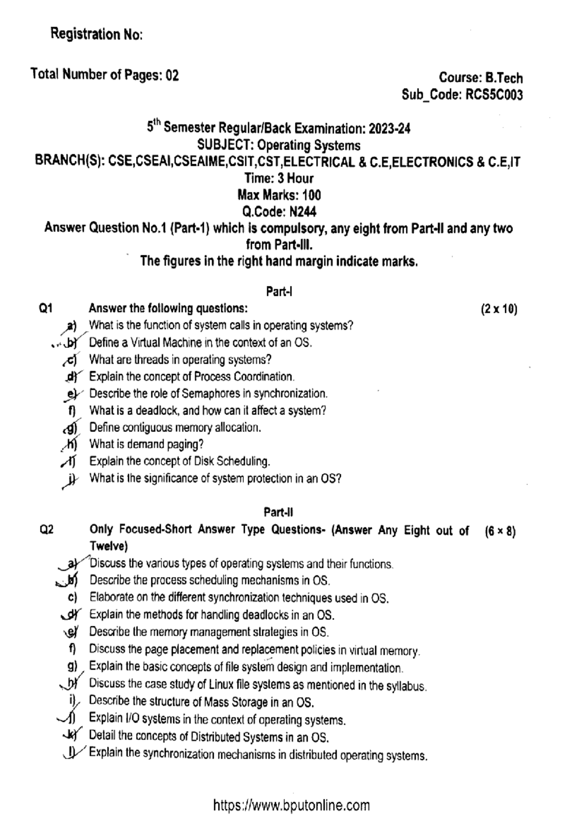 B.Tech 5th Sem Operating Systems Exam Notes RCS5C003 2024 - Studocu
