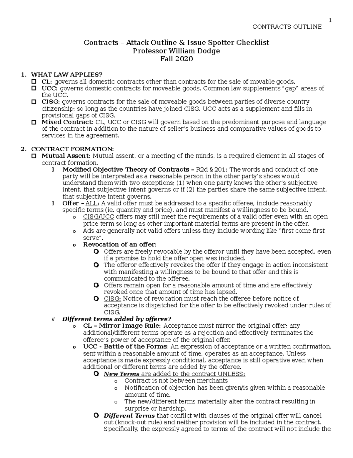 Dodge Contracts Fall 2020 Attack Outline & Issue Spotter Guide - Studocu