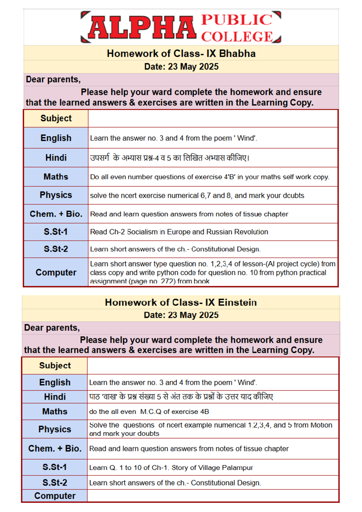 Homework for Class IX - Bhabha & Einstein - 23 May 2025 - Studocu