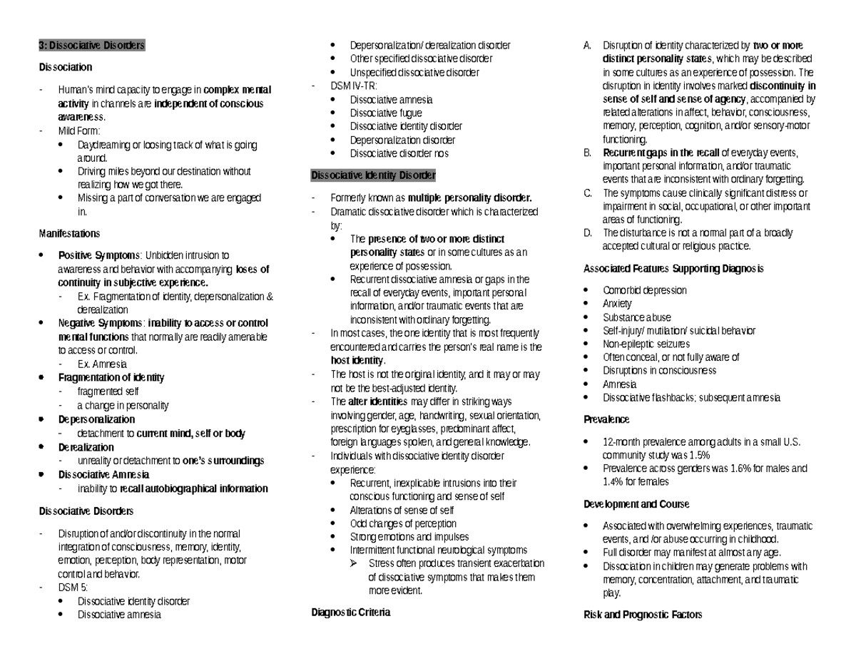 Abpsych 6 - Summary of Dissociative Disorders in Abnormal Psychology ...