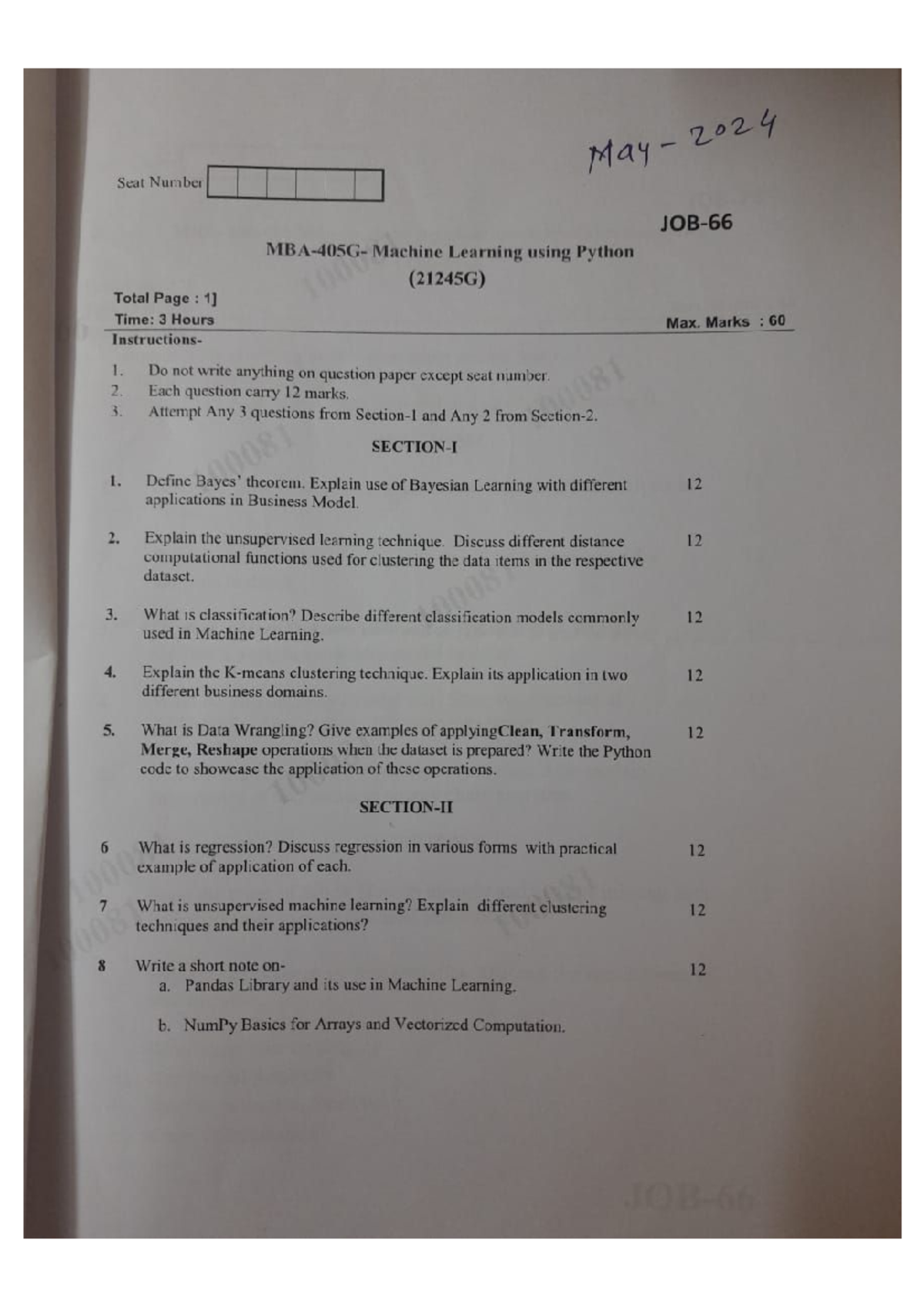 405 G - ML using Python Question Paper - May 2024 - Studocu
