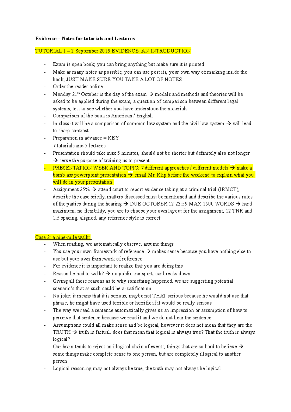 Evidence Notes for Tutorials and Lectures (2019) - Studeersnel