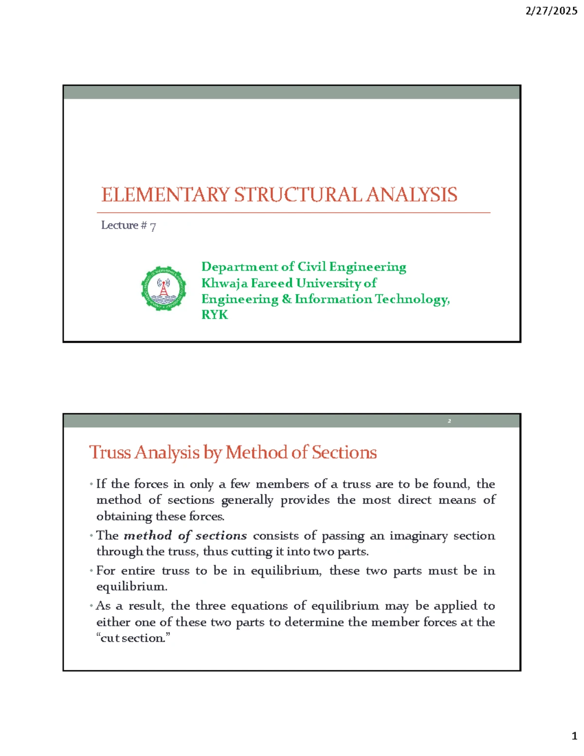 ESA 210 - Lecture 10: Analysis of Frames in Structural Engineering ...