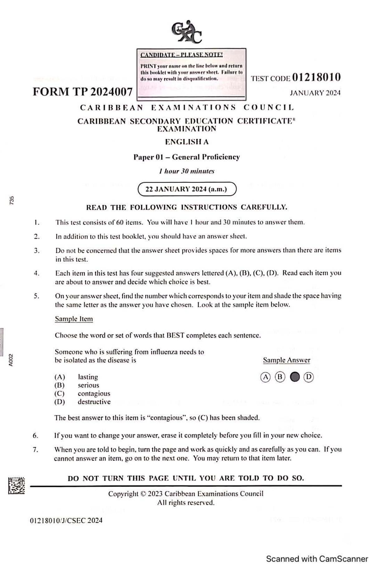 CSEC English A Paper 01 Exam Instructions - January 2024 - Studocu